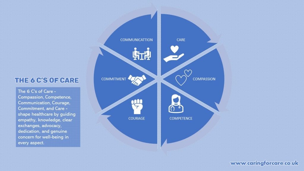 the 6 C's of Care. The chart depicts all the 6 C's of nursing and explains them briefly.