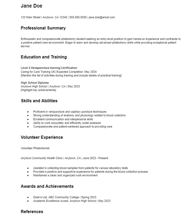 Sample CV for Phlebotomist beginner role