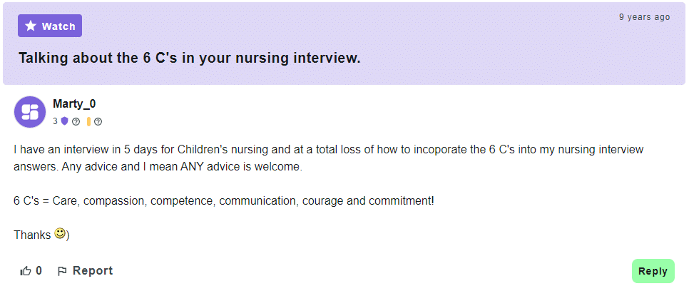Question from Marty_o which talks about the 6C's in your nursing interview
